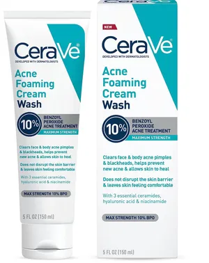 Cerave Acne Foaming Cream Wash 10% Benzoyl Peroxide for Acne Treatment (Made in USA)  150ml